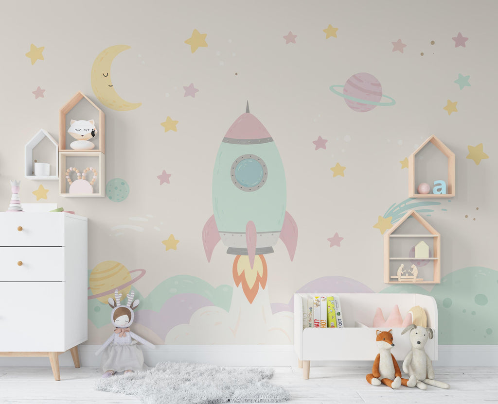 Space Wall Decal | Pastel Space Wall Mural | Outer Space Wallpaper | Celestial Stars and Planets Wall Art | Astronomy Room Decor 691RS