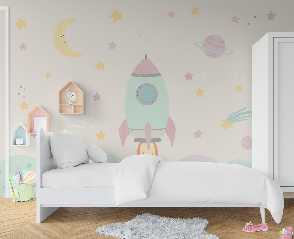 Space Wall Decal | Pastel Space Wall Mural | Outer Space Wallpaper | Celestial Stars and Planets Wall Art | Astronomy Room Decor 691RS