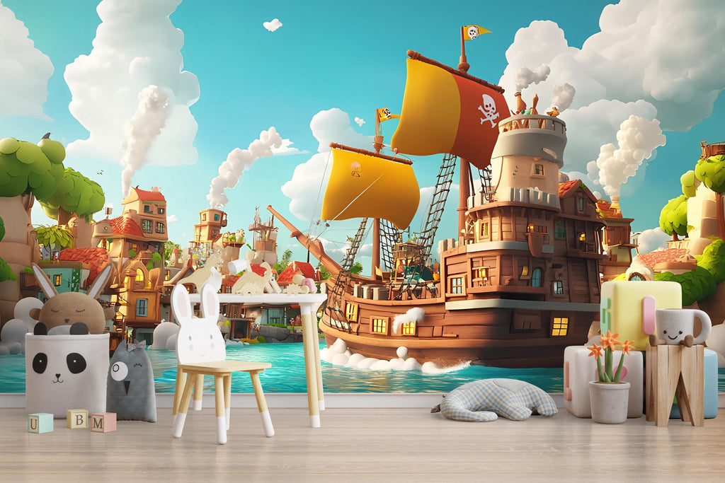 Pirate Ship Wall Mural for Kids Room – Adventure Cartoon Wallpaper – Boys Bedroom Decor – Peel and Stick or Non-Woven Mural