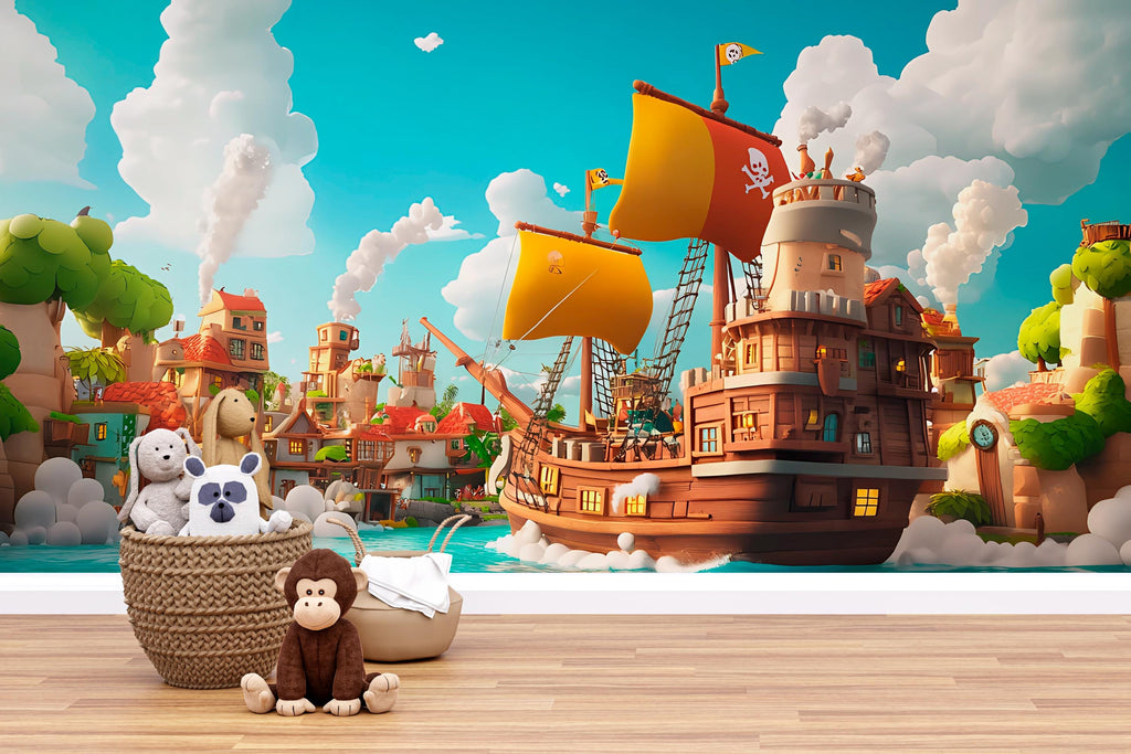 Pirate Ship Wall Mural for Kids Room – Adventure Cartoon Wallpaper – Boys Bedroom Decor – Peel and Stick or Non-Woven Mural
