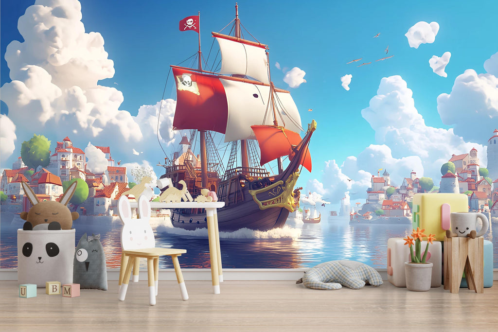 Red Pirate Ship Wall Mural – Kids Adventure Room Wallpaper – Nautical Cartoon Decor – Peel and Stick or Non-Woven Playroom Mural