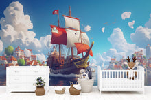 Load image into Gallery viewer, Red Pirate Ship Wall Mural – Kids Adventure Room Wallpaper – Nautical Cartoon Decor – Peel and Stick or Non-Woven Playroom Mural