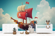 Load image into Gallery viewer, Red Pirate Ship Wall Mural – Bold Cartoon Wallpaper for Kids Room – Peel and Stick or Non-Woven – Nautical Boys Room Decor