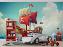 Load image into Gallery viewer, Red Pirate Ship Wall Mural – Bold Cartoon Wallpaper for Kids Room – Peel and Stick or Non-Woven – Nautical Boys Room Decor