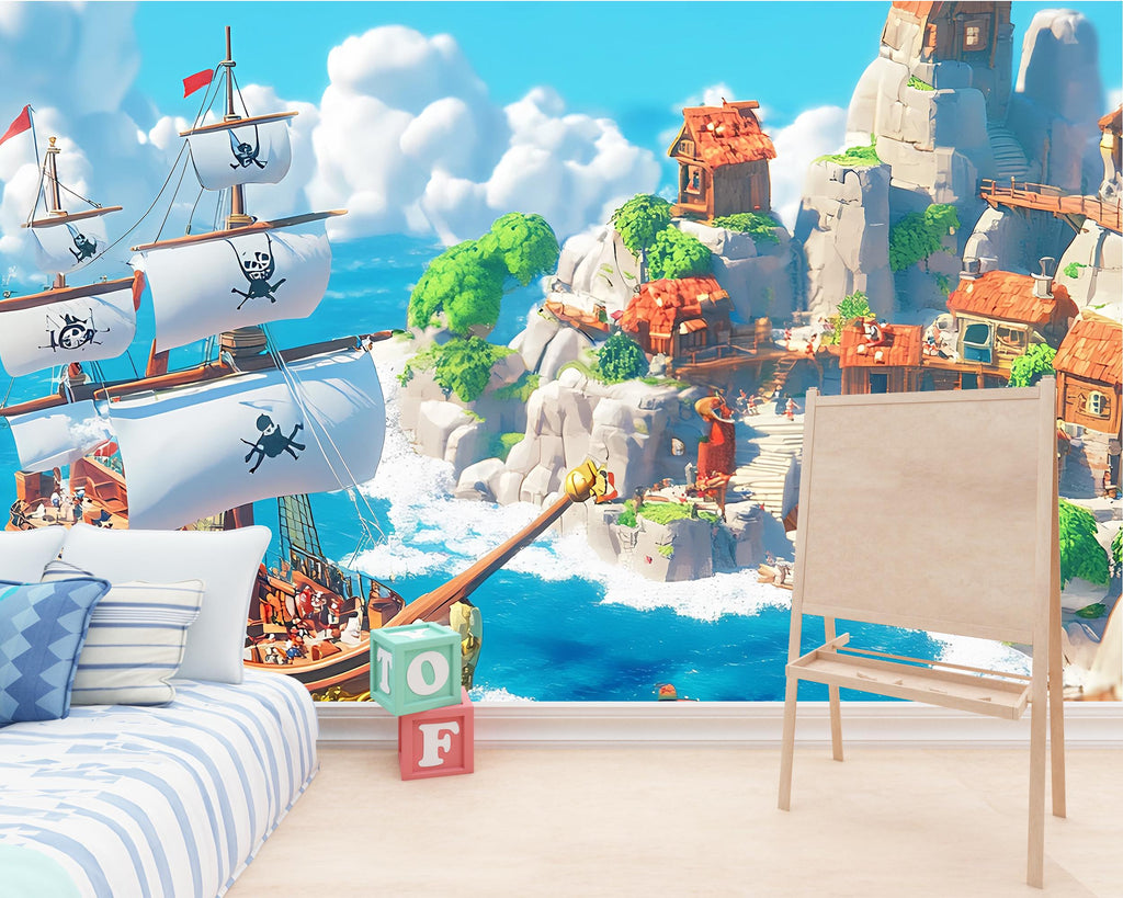 Pirate Ship Wall Mural with Village – White Sail Adventure Wallpaper – Peel and Stick or Non-Woven Kids Room Ocean Mural Decor