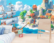 Load image into Gallery viewer, Pirate Ship Wall Mural with Village – White Sail Adventure Wallpaper – Peel and Stick or Non-Woven Kids Room Ocean Mural Decor