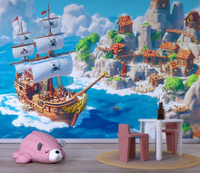 Load image into Gallery viewer, Pirate Ship Wall Mural with Village – White Sail Adventure Wallpaper – Peel and Stick or Non-Woven Kids Room Ocean Mural Decor