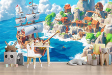 Load image into Gallery viewer, Pirate Ship Wall Mural with Village – White Sail Adventure Wallpaper – Peel and Stick or Non-Woven Kids Room Ocean Mural Decor