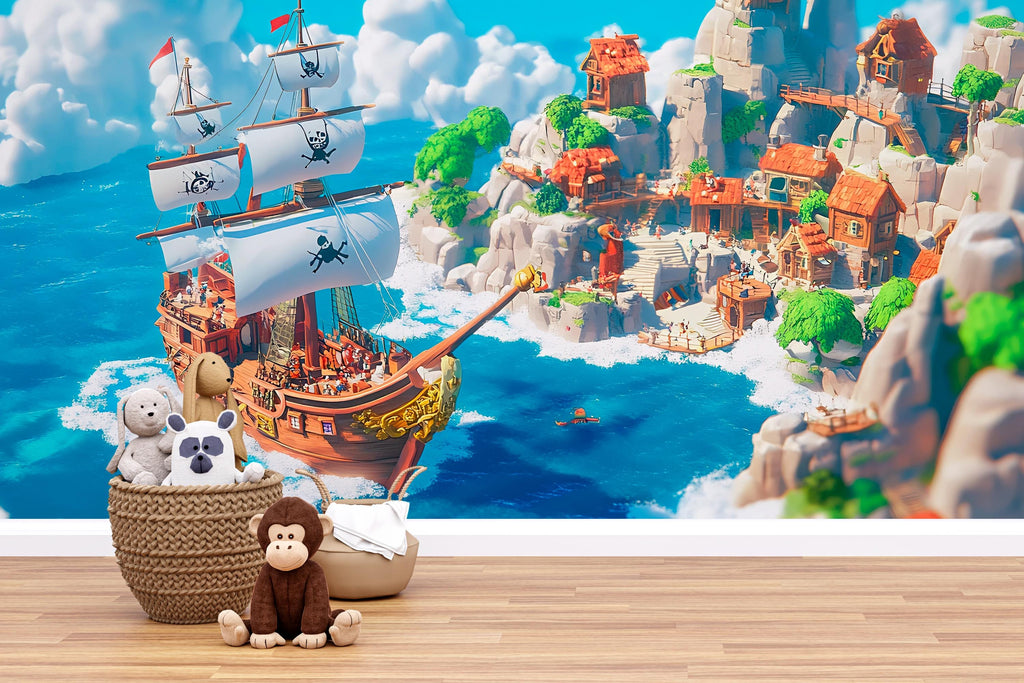 Pirate Ship Wall Mural with Village – White Sail Adventure Wallpaper – Peel and Stick or Non-Woven Kids Room Ocean Mural Decor