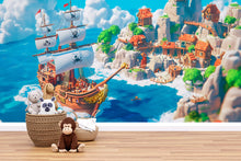 Load image into Gallery viewer, Pirate Ship Wall Mural with Village – White Sail Adventure Wallpaper – Peel and Stick or Non-Woven Kids Room Ocean Mural Decor
