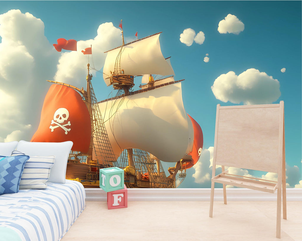 Pirate Ship Wall Mural with Red and White Sails – Kids Adventure Wallpaper – Ocean Scene Decor – Peel and Stick or Non-Woven Mural