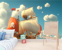 Load image into Gallery viewer, Pirate Ship Wall Mural with Red and White Sails – Kids Adventure Wallpaper – Ocean Scene Decor – Peel and Stick or Non-Woven Mural