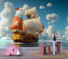 Load image into Gallery viewer, Pirate Ship Wall Mural with Red and White Sails – Kids Adventure Wallpaper – Ocean Scene Decor – Peel and Stick or Non-Woven Mural