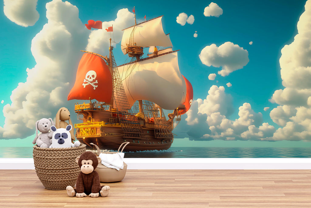 Pirate Ship Wall Mural with Red and White Sails – Kids Adventure Wallpaper – Ocean Scene Decor – Peel and Stick or Non-Woven Mural