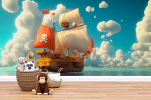 Load image into Gallery viewer, Pirate Ship Wall Mural with Red and White Sails – Kids Adventure Wallpaper – Ocean Scene Decor – Peel and Stick or Non-Woven Mural