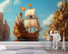 Load image into Gallery viewer, Golden Pirate Ship Wall Mural – Cliff Fortress Adventure Wallpaper for Kids – Peel and Stick or Non-Woven Nautical Room Decor