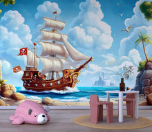 Load image into Gallery viewer, Storybook Pirate Ship Wall Mural – Castle Ocean Adventure Kids Wallpaper – Peel and Stick or Non-Woven Boys Room Decor