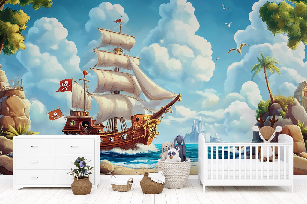 Storybook Pirate Ship Wall Mural – Castle Ocean Adventure Kids Wallpaper – Peel and Stick or Non-Woven Boys Room Decor