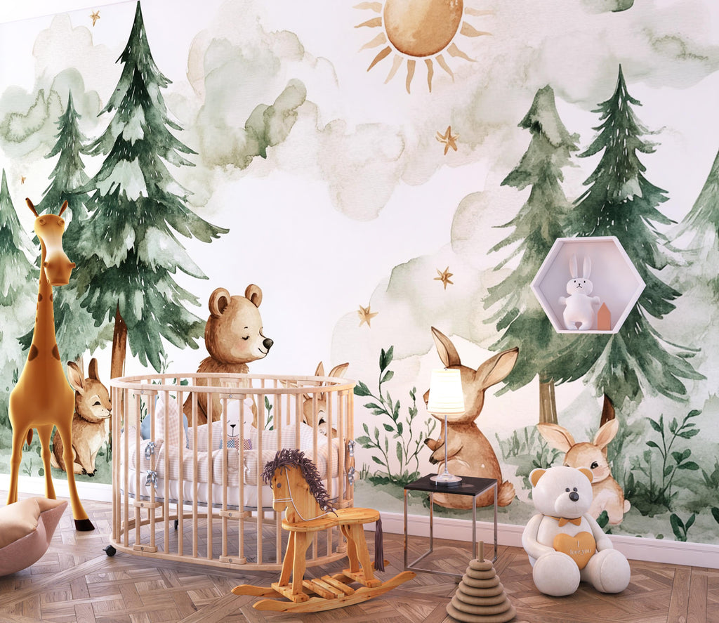 Kids Wallpaper - Mountain and Trees Peel and Stick Wall Mural - Self Adhesive Nursery Wall Art - Child Room Mountain Decor Forest vn002