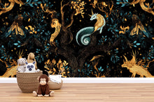 Load image into Gallery viewer, Mythical Unicorn Medieval Wallpaper, Dark Castle Botanical Wallpaper Secret Garden at Night, Whimsical Wallpaper