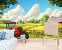 Load image into Gallery viewer, Red Tractor Farm Wall Mural – Countryside Kids Room Wallpaper – Peel and Stick or Non-Woven – Boys Bedroom or Playroom Decor