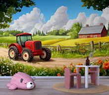 Load image into Gallery viewer, Red Tractor Farm Wall Mural – Countryside Kids Room Wallpaper – Peel and Stick or Non-Woven – Boys Bedroom or Playroom Decor