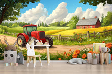 Load image into Gallery viewer, Red Tractor Farm Wall Mural – Countryside Kids Room Wallpaper – Peel and Stick or Non-Woven – Boys Bedroom or Playroom Decor