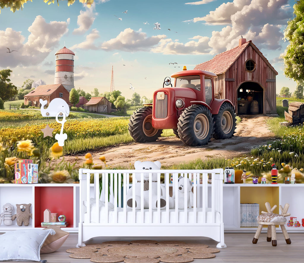 Realistic Red Tractor Farm Wall Mural – Barnyard Nursery Wallpaper – Peel and Stick or Non-Woven – Rustic Boys Room or Playroom Decor