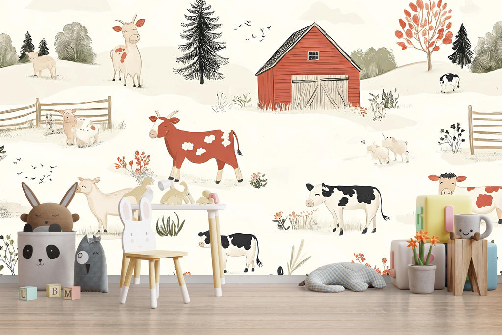 Farm Animal Wall Mural for Nursery – Whimsical Barnyard Wallpaper – Peel and Stick or Non-Woven Kids Room Decor – Cow & Barn Illustration