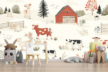 Load image into Gallery viewer, Farm Animal Wall Mural for Nursery – Whimsical Barnyard Wallpaper – Peel and Stick or Non-Woven Kids Room Decor – Cow &amp; Barn Illustration