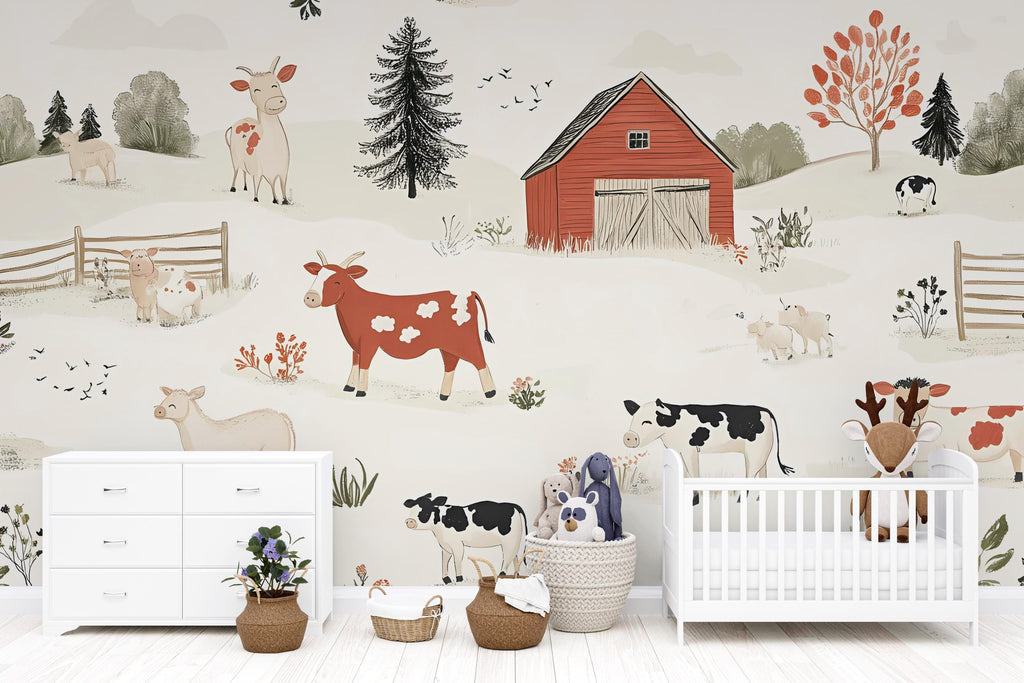 Farm Animal Wall Mural for Nursery – Whimsical Barnyard Wallpaper – Peel and Stick or Non-Woven Kids Room Decor – Cow & Barn Illustration