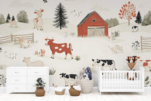 Load image into Gallery viewer, Farm Animal Wall Mural for Nursery – Whimsical Barnyard Wallpaper – Peel and Stick or Non-Woven Kids Room Decor – Cow &amp; Barn Illustration