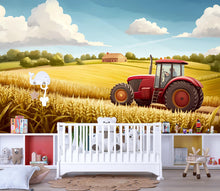 Load image into Gallery viewer, Red Tractor Wheat Field Wall Mural – Farm Landscape Wallpaper for Kids Room – Peel and Stick or Non-Woven Rustic Playroom Decor