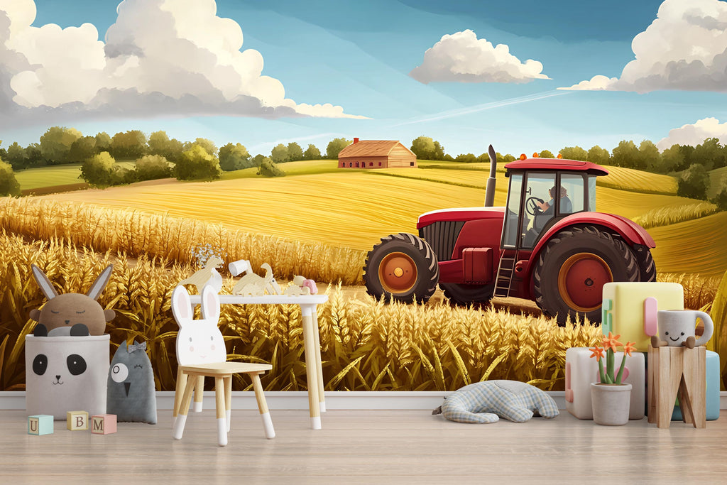 Red Tractor Wheat Field Wall Mural – Farm Landscape Wallpaper for Kids Room – Peel and Stick or Non-Woven Rustic Playroom Decor