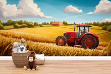 Load image into Gallery viewer, Red Tractor Wheat Field Wall Mural – Farm Landscape Wallpaper for Kids Room – Peel and Stick or Non-Woven Rustic Playroom Decor