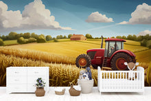 Load image into Gallery viewer, Red Tractor Wheat Field Wall Mural – Farm Landscape Wallpaper for Kids Room – Peel and Stick or Non-Woven Rustic Playroom Decor