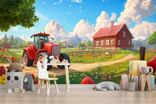 Load image into Gallery viewer, Red Tractor Wall Mural – Vibrant Flower Farm and Mountain Wallpaper – Peel and Stick or Non-Woven – Kids Room or Nursery Decor