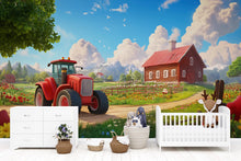 Load image into Gallery viewer, Red Tractor Wall Mural – Vibrant Flower Farm and Mountain Wallpaper – Peel and Stick or Non-Woven – Kids Room or Nursery Decor