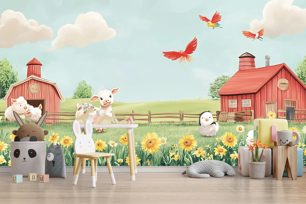 Pastel Farm Animal Wall Mural – Baby Barnyard Nursery Wallpaper – Peel and Stick or Non-Woven – Cute Cow Chick Sheep Decor