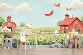 Pastel Farm Animal Wall Mural – Baby Barnyard Nursery Wallpaper – Peel and Stick or Non-Woven – Cute Cow Chick Sheep Decor