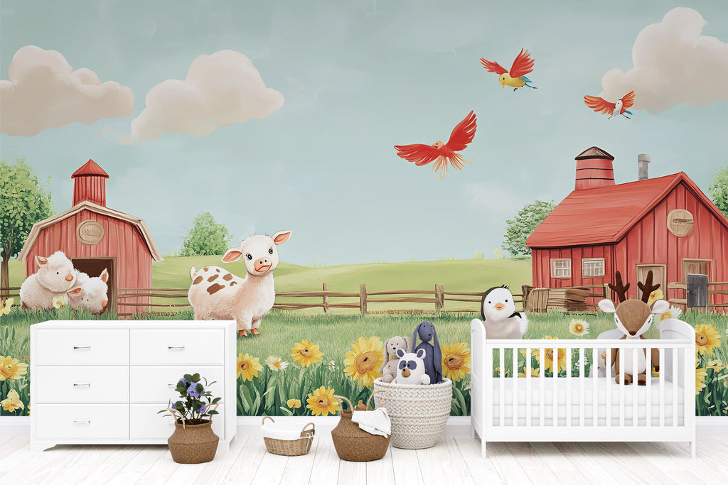 Pastel Farm Animal Wall Mural – Baby Barnyard Nursery Wallpaper – Peel and Stick or Non-Woven – Cute Cow Chick Sheep Decor