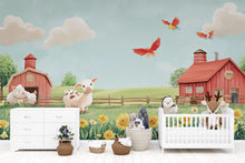 Load image into Gallery viewer, Pastel Farm Animal Wall Mural – Baby Barnyard Nursery Wallpaper – Peel and Stick or Non-Woven – Cute Cow Chick Sheep Decor