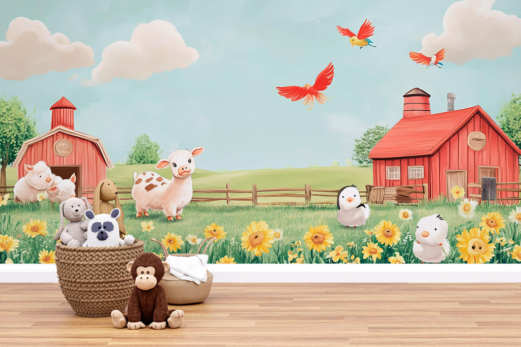 Pastel Farm Animal Wall Mural – Baby Barnyard Nursery Wallpaper – Peel and Stick or Non-Woven – Cute Cow Chick Sheep Decor