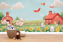 Load image into Gallery viewer, Pastel Farm Animal Wall Mural – Baby Barnyard Nursery Wallpaper – Peel and Stick or Non-Woven – Cute Cow Chick Sheep Decor