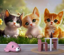 Load image into Gallery viewer, Cute Kitten Wall Mural – Playful Cat Nursery Wallpaper – Peel and Stick or Non-Woven – Animal Lover Kids Room or Playroom Decor
