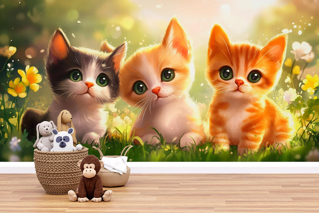 Cute Kitten Wall Mural – Playful Cat Nursery Wallpaper – Peel and Stick or Non-Woven – Animal Lover Kids Room or Playroom Decor