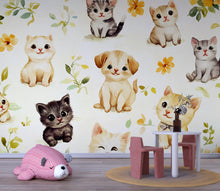 Load image into Gallery viewer, Watercolor Kitten and Puppy Wall Mural – Animal Nursery Wallpaper – Peel and Stick or Non-Woven – Cute Pet Decor for Baby Room