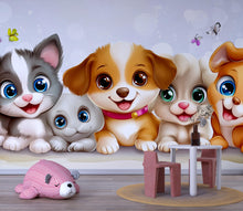 Load image into Gallery viewer, Cartoon Puppy and Kitten Wall Mural – Cute Animal Wallpaper for Nursery or Kids Room – Peel and Stick or Non-Woven Pet Decor