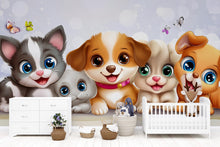 Load image into Gallery viewer, Cartoon Puppy and Kitten Wall Mural – Cute Animal Wallpaper for Nursery or Kids Room – Peel and Stick or Non-Woven Pet Decor