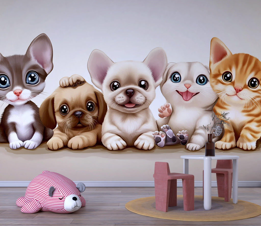 Cartoon Puppy and Kitten Wall Mural – Neutral Animal Nursery Wallpaper – Peel and Stick or Non-Woven Cute Baby Room Decor